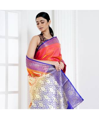 Dual shade yellow orange zari work banarasi saree with contrasting border and pallu 1