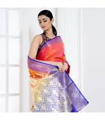 Dual shade yellow orange zari work banarasi saree with contrasting border and pallu