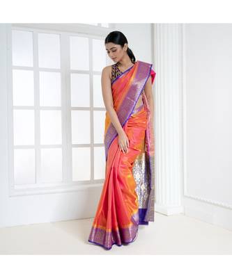 Dual shade yellow orange zari work banarasi saree with contrasting border and pallu 2