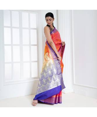 Dual shade yellow orange zari work banarasi saree with contrasting border and pallu 3