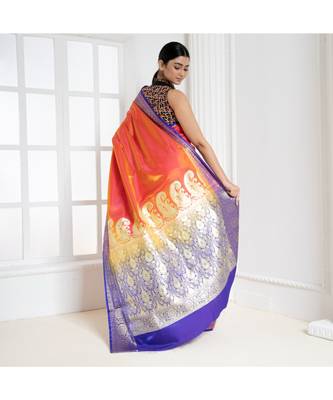 Dual shade yellow orange zari work banarasi saree with contrasting border and pallu 4