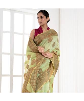 Mint green banarasi organza silk saree with antique copper zari motifs and border 1