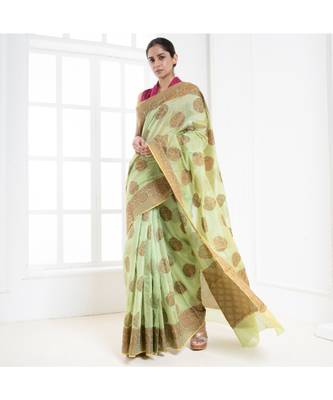 Mint green banarasi organza silk saree with antique copper zari motifs and border 2