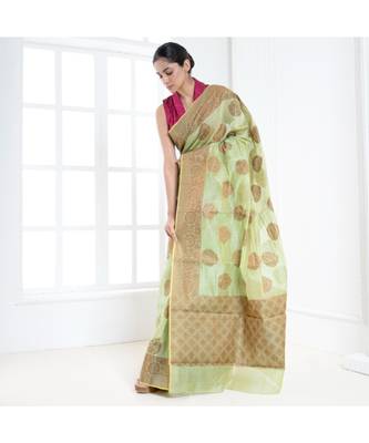 Mint green banarasi organza silk saree with antique copper zari motifs and border 3