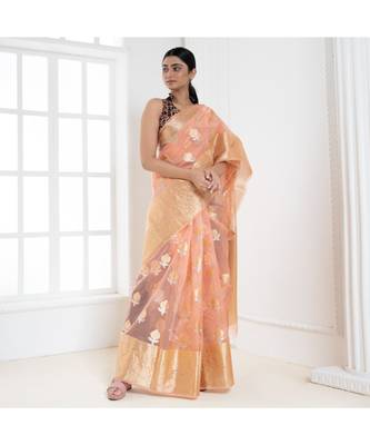 Peach organza silk saree with zari border and silver golden floral motifs 2