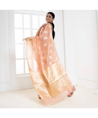 Peach organza silk saree with zari border and silver golden floral motifs 3
