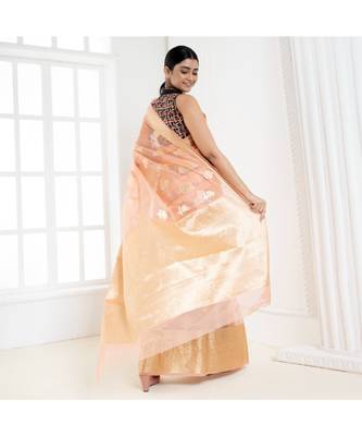 Peach organza silk saree with zari border and silver golden floral motifs 4
