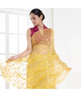 Yellow organza silk saree with golden zari embroidery 2