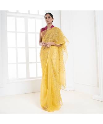Yellow organza silk saree with golden zari embroidery 3