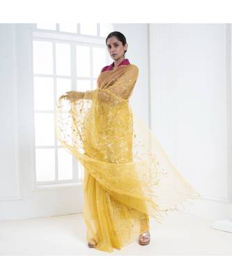 Yellow organza silk saree with golden zari embroidery 1