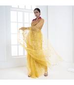Yellow organza silk saree with golden zari embroidery