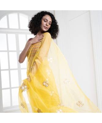 Yellow organza silk saree with blossom embroidery 1