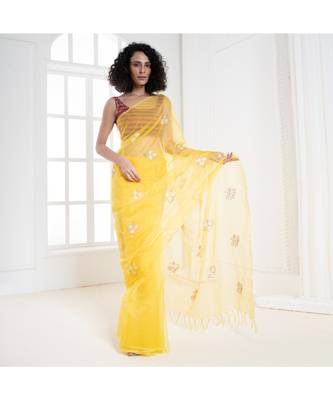 Yellow organza silk saree with blossom embroidery 2