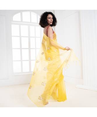 Yellow organza silk saree with blossom embroidery 3