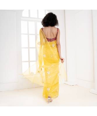 Yellow organza silk saree with blossom embroidery 4