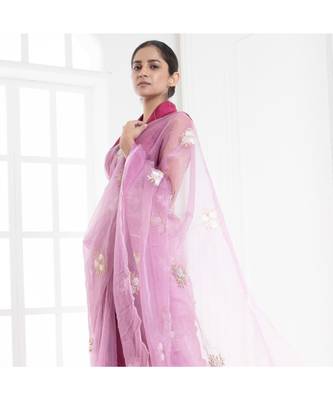 Purple organza silk saree with blossom embroidery 1