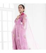 Purple organza silk saree with blossom embroidery