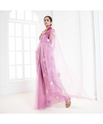Purple organza silk saree with blossom embroidery 3