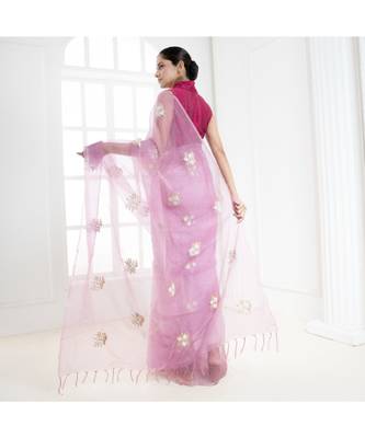 Purple organza silk saree with blossom embroidery 4