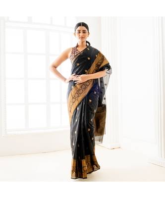 Black pure silk organza saree with antique zari border 2