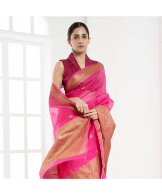 Hot pink pure silk organza saree with antique zari border 1