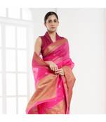 Hot pink pure silk organza saree with antique zari border