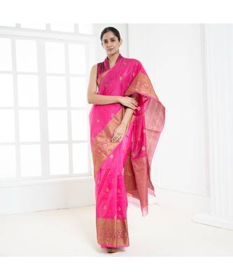 Hot pink pure silk organza saree with antique zari border 2