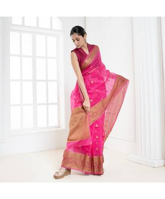 Hot pink pure silk organza saree with antique zari border 3