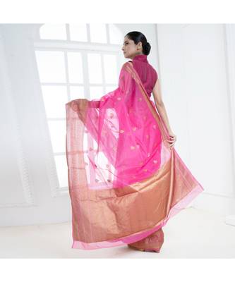 Hot pink pure silk organza saree with antique zari border 4
