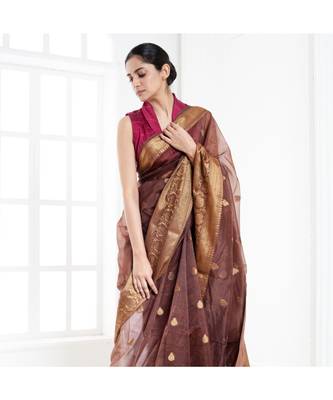 Brown pure silk organza saree with antique zari border 1
