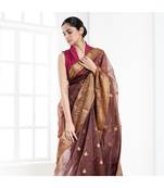 Brown pure silk organza saree with antique zari border