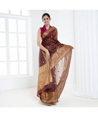 Brown pure silk organza saree with antique zari border 2