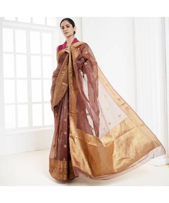 Brown pure silk organza saree with antique zari border 3