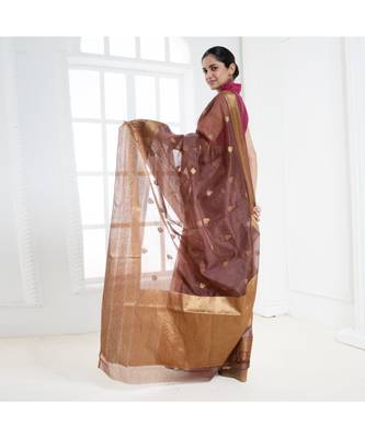Brown pure silk organza saree with antique zari border 4