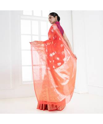 Fire orange organza silk saree with zari border and silver golden floral motifs 4
