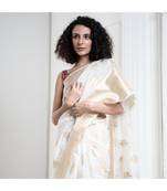 white organza silk saree with zari border and silver golden floral motifs