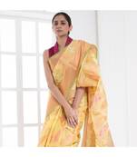 Yellow silk organza saree with woven ambi design