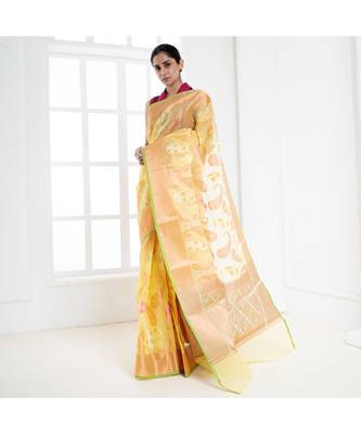 Yellow silk organza saree with woven ambi design 2