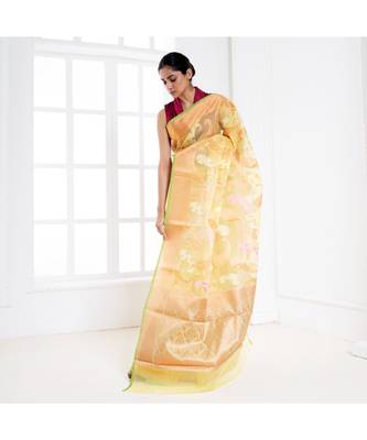 Yellow silk organza saree with woven ambi design 3