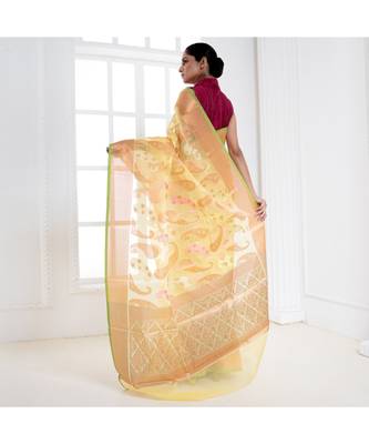 Yellow silk organza saree with woven ambi design 4