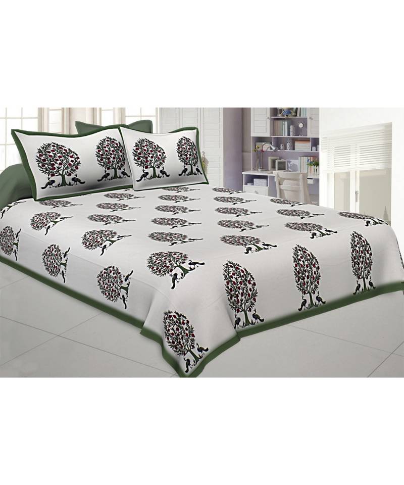 Tripok Tree Peacock Indian Tradition Cotton King Size Luxury Bed Sheet 2 Pilow Covers
