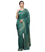 Teal Blue Self Design & Contrast Border Art Silk Floral Saree with Blouse Piece