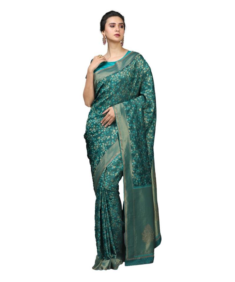 Teal Blue Self Design & Contrast Border Art Silk Floral Saree with Blouse Piece