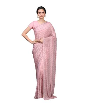 Pink All Over Stone And Pearl Chiffon Glamorous Cocktail Saree with Blouse Piece 1