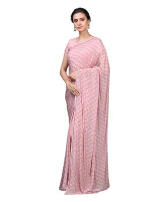 Pink All Over Stone And Pearl Chiffon Glamorous Cocktail Saree with Blouse Piece 3