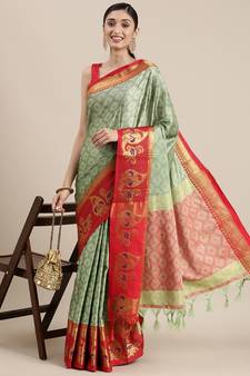 Light Sea Green Woven Cotton Silk Saree With Blouse