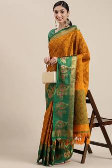 Mustard Woven Cotton Silk Saree With Blouse
