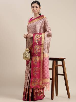 Peach woven cotton silk saree with blouse 1