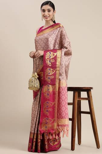 Peach woven cotton silk saree with blouse