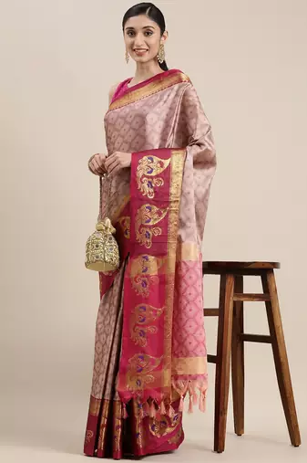 Peach woven cotton silk saree with blouse
